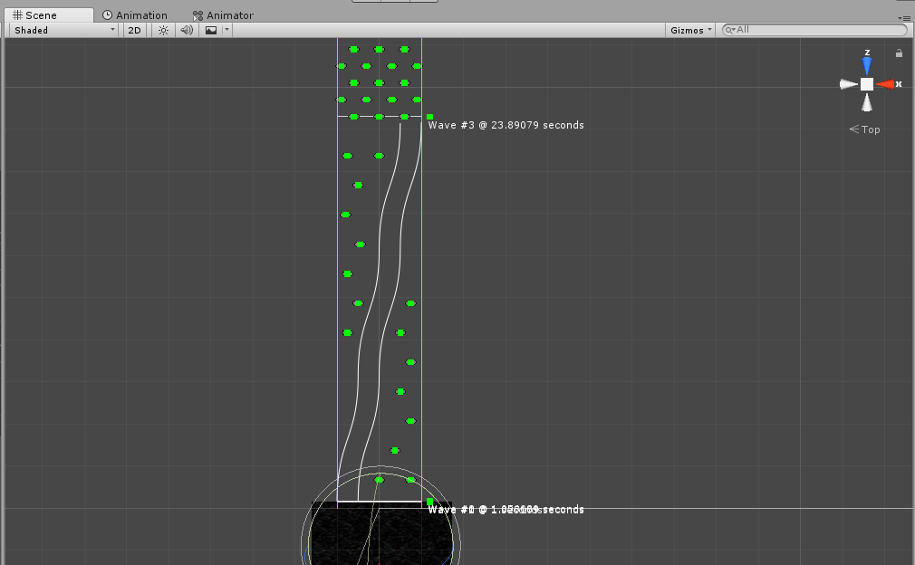 Level editor showing bezier curves and prefabs at the start of the Venus level